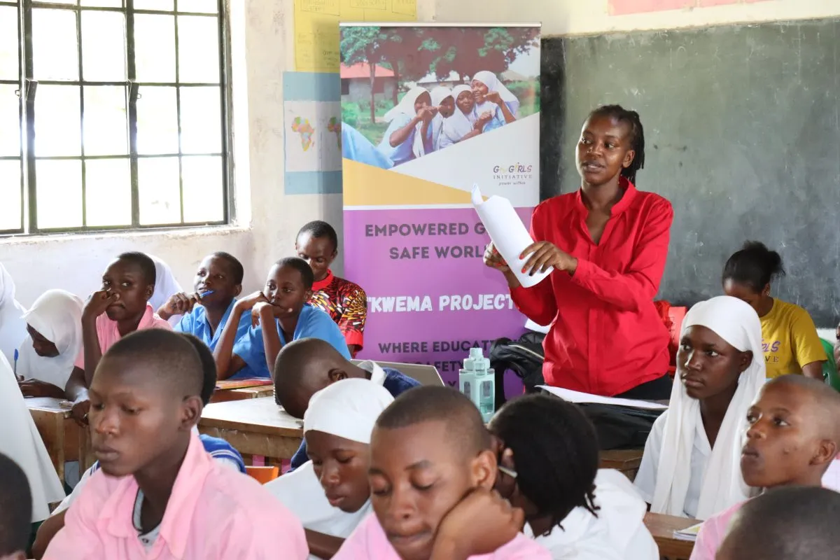 Priscah Mongera, Exe cutive Director for G for Girls Initiative conducting a scholarship training workshop in Kwale County.