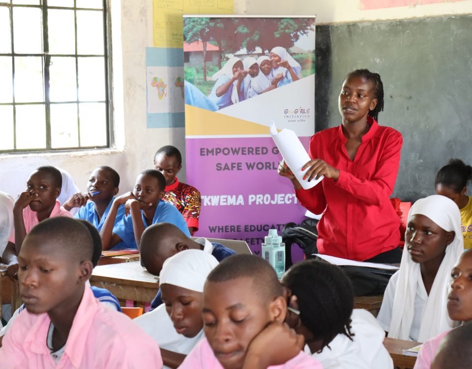 Priscah Mongera, Exe cutive Director for G for Girls Initiative conducting a scholarship training workshop in Kwale County.
